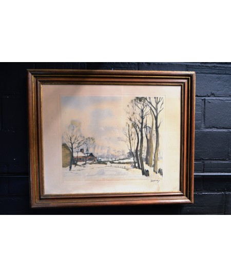 Lithographie "Paysage d'hiver" d'après Savery's de Roger Hebbelinck (1912-1987)