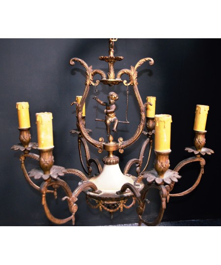 Lustre en albâtre et bronze doré à 6 lampes style Empire