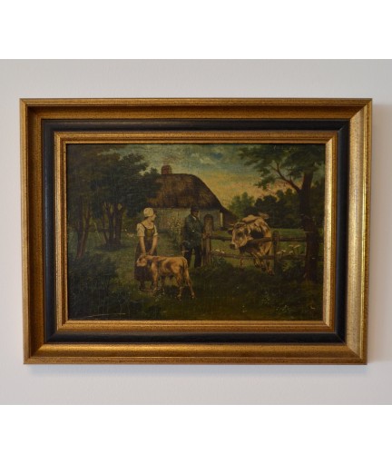 Peinture sur plaque "Paysage de ferme" début 19e