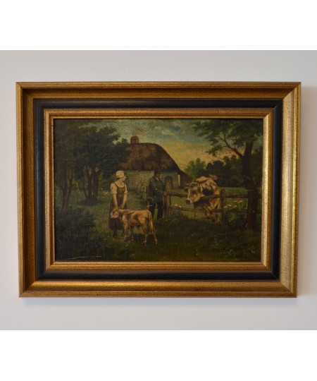 Peinture sur plaque "Paysage de ferme" début 19e