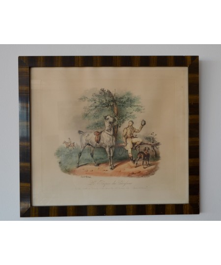 Gravure en couleurs 'Le repos du Chasseur' d'après Carle Vernet (1758-1836)