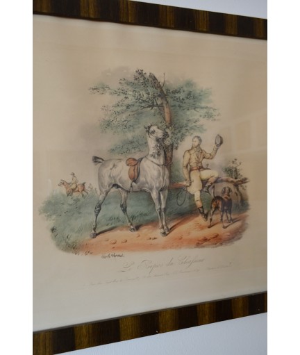 Gravure en couleurs 'Le repos du Chasseur' d'après Carle Vernet (1758-1836)