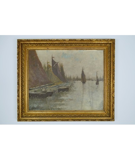 Peinture sur toile 'Amarrage des bateaux' signé F. Jacob