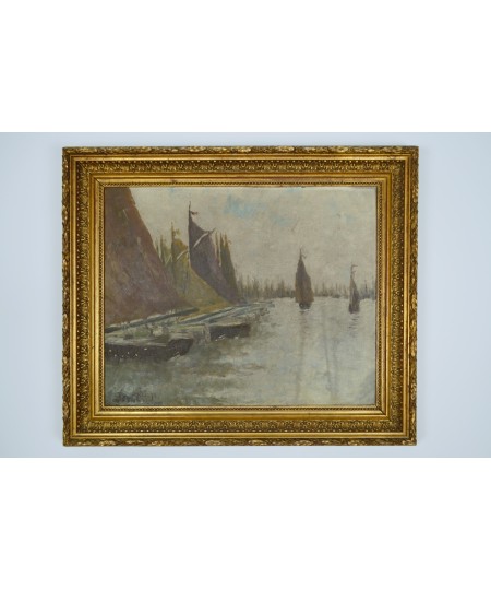 Peinture sur toile 'Amarrage des bateaux' signé F. Jacob