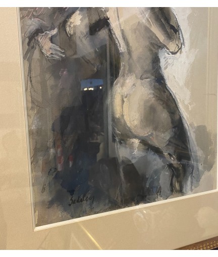 Dessin-aquarelle "Femme dos nu et Pierrot" signé Jacques de Sadeleer (1920-)