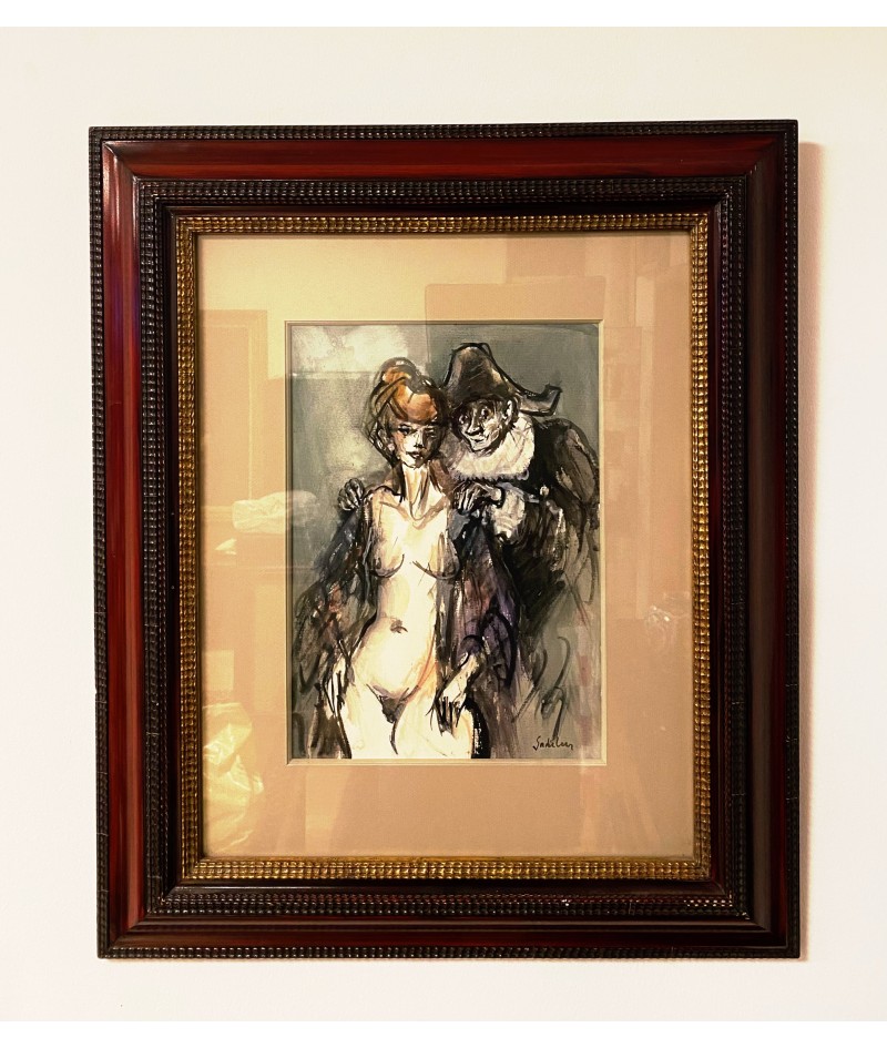 Dessin-aquarelle "Femme nu et Pierrot" signé Jacques de Sadeleer (1920-)