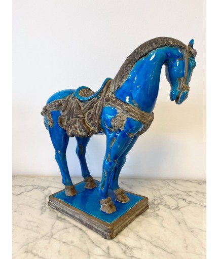 Cheval de style Tang en faïence bleue turquoise