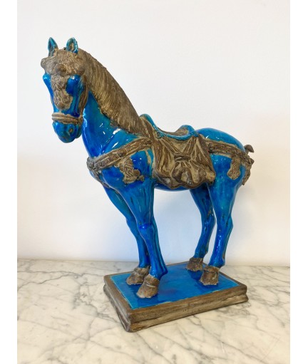 Cheval de style Tang en faïence bleue turquoise