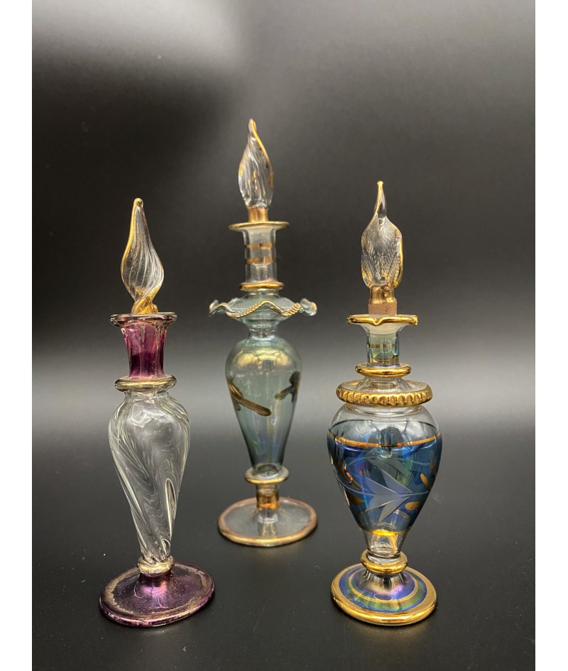 Lot de 3 fioles pour parfum en verre soufflé avec dorures