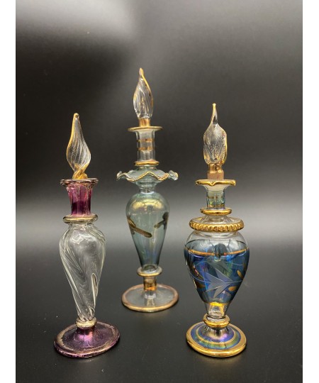 Lot de 3 fioles pour parfum en verre soufflé avec dorures