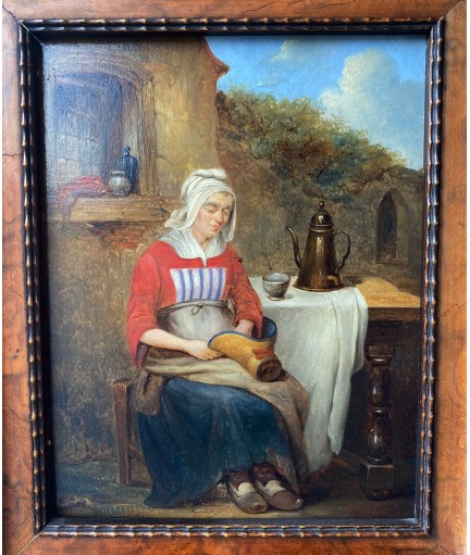 Peinture sur plaque début 19e 'La tisseuse' signé Dillens