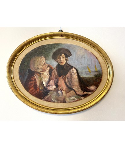 Peinture sur plaque ovale couple non signé