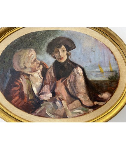 Peinture sur plaque ovale couple non signé