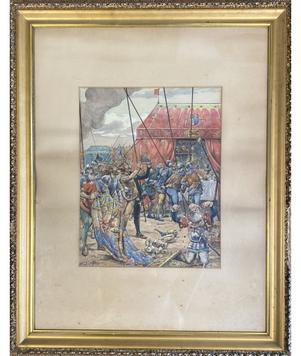 Aquarelle, scène chevalresque signé Job (1858-1931) Jacques Marie Gaston ONFROY DE BRÉVILLE