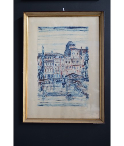 Dessin aquarelle 'Hotel Exelsior Venezia' signé Hermanno Malisan 1926