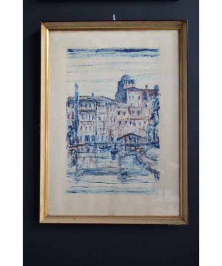 Dessin aquarelle 'Hotel Exelsior Venezia' signé Hermanno Malisan 1926